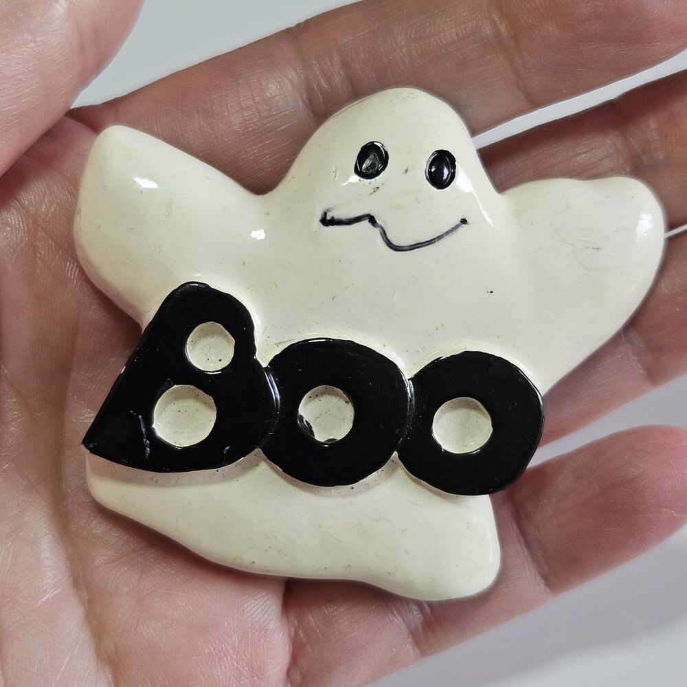 Boo! White Ghost Brooch Ceramic Halloween